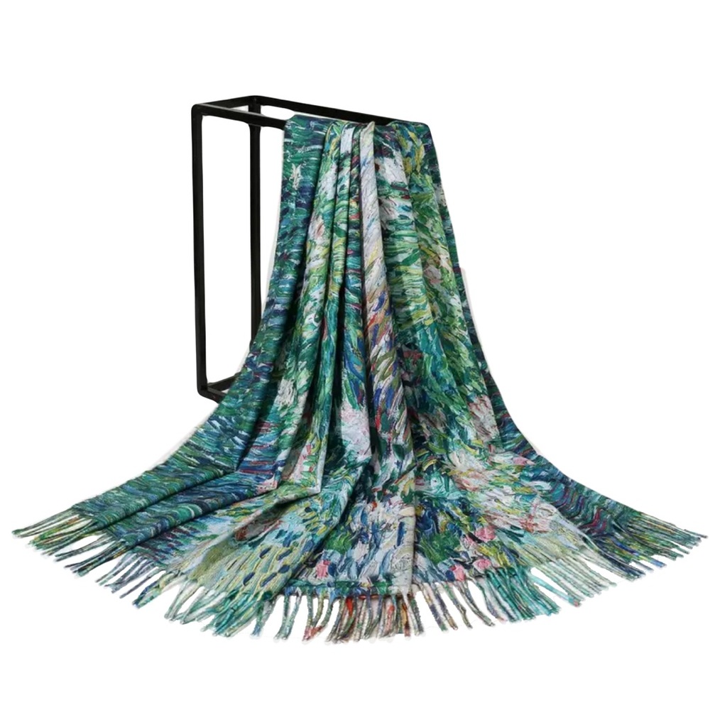 Van Gogh Replica Irises Art Print X-Lg Faux Cashmere Reversible Scarf w Fringe